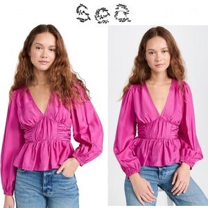 Sea Fabiola Solid Habotai V Neck Top Pink Ruched Peplum Blouse with Long Sleeves